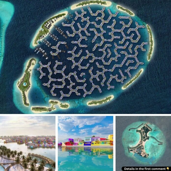 A vibrant collage showcasing the colorful homes and serene tropical ambiance of the Maldives floating city.