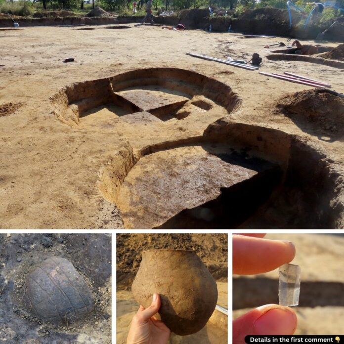 Excavation of the Neolithic longhouse foundation, revealing the structure’s unique layout.