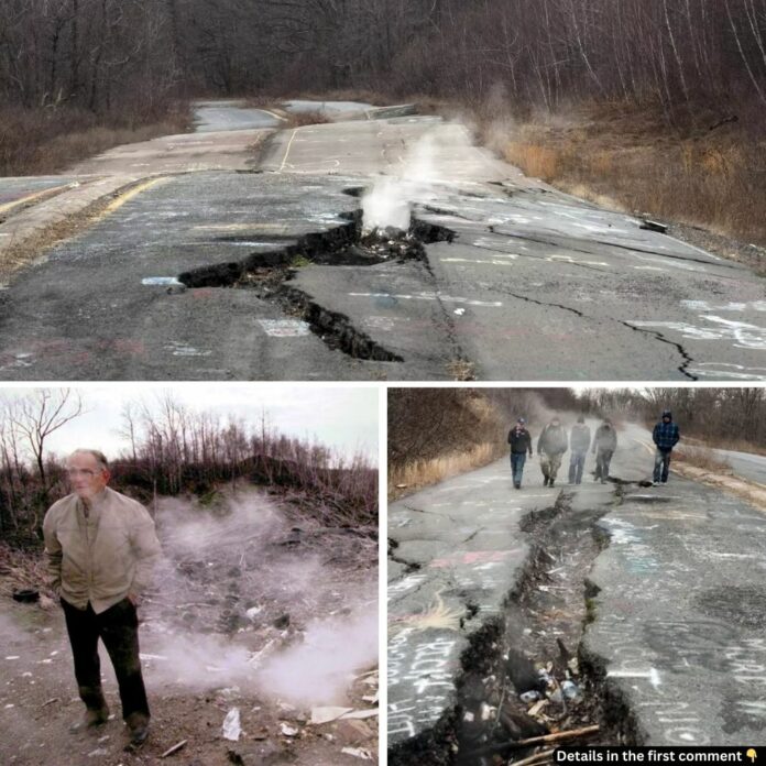 A dramatic representation of the smoldering underground fire beneath Centralia, with the fractured road symbolizing the destruction caused by decades of burning coal.