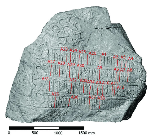 A 3D reconstruction of the Jelling Stone, illustrating its dimensions and intricate patterns for detailed study.