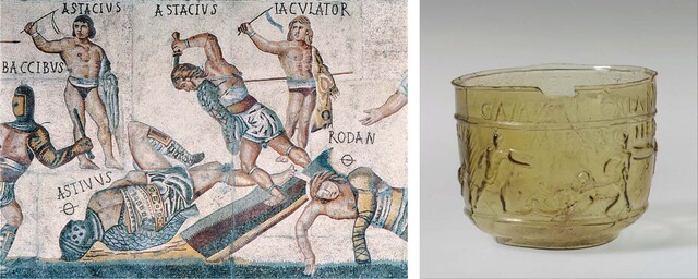 A Roman mosaic paired with the Montagnole Cup, both celebrating the spectacle of gladiators.