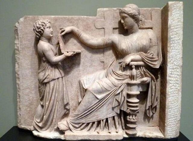 A child presenting a wax writing tablet to a woman, depicted in a Greek sculpture from around 100 BC, brings history vividly to life.