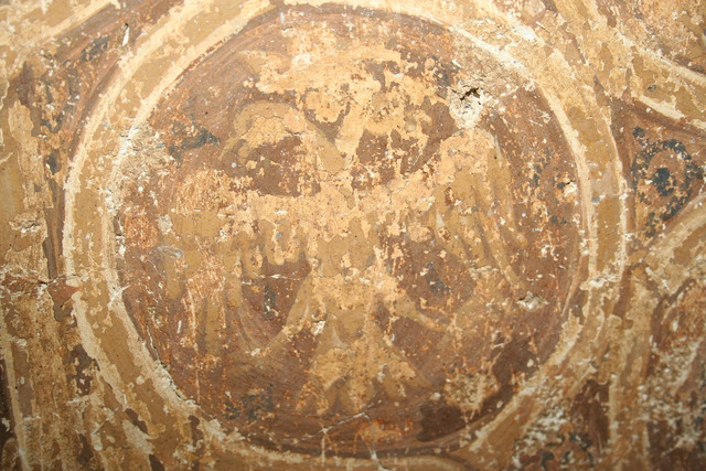 A close-up of the double-headed eagle motif on Emperor Constantine XI Palaiologos’ garment, emphasizing its craftsmanship and significance as a symbol of Byzantine imperial power.