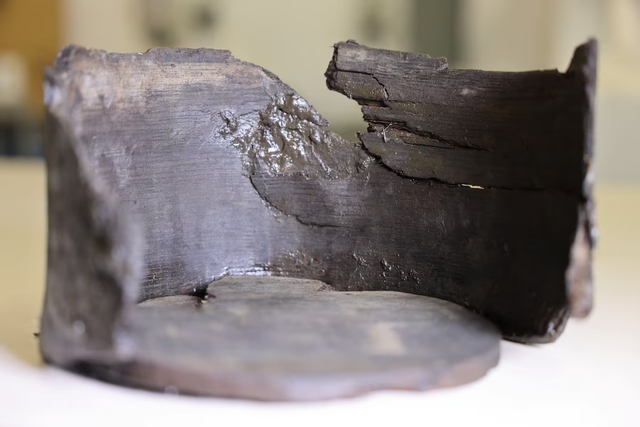 A close-up view of a beautifully preserved 16th-century Dutch clog, discovered in a cesspool in Alkmaar, displayed at a laboratory in Zaandam, Netherlands, on December 20, 2024.