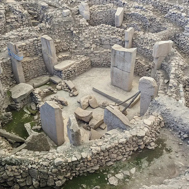 A close-up view of the central area of a stone circle at Gobekli Tepe, believed to have been an important ceremonial space.