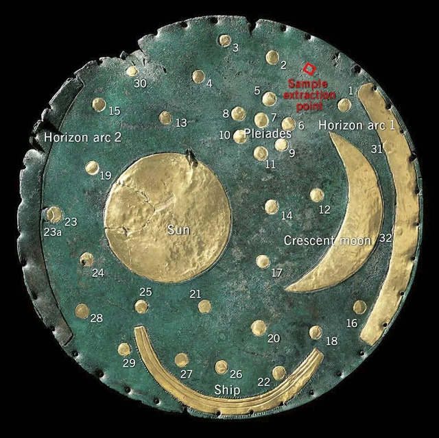 A closer look at the Nebra Sky Disk, highlighting the marked point where a sample was extracted for analysis.