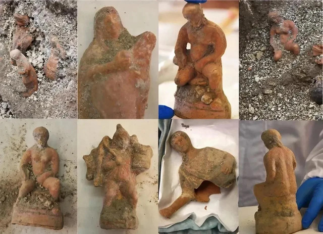 A collection of terracotta figurines discovered during the Pompeii excavation, showcasing a variety of human and symbolic forms, reflecting the artistic and cultural narratives of the time.