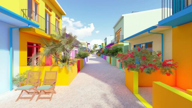 A colorful pedestrian walkway in the floating city, offering a modern yet eco-friendly lifestyle experience.