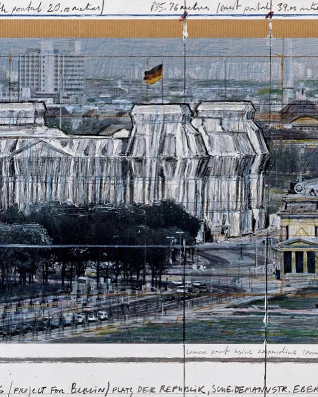 A conceptual illustration by Christo, detailing the meticulous planning and design for the Wrapped Reichstag project.