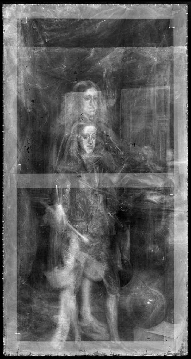 A deeper X-ray image displaying overlapping sketches and revisions, capturing the creative evolution behind the portrait.