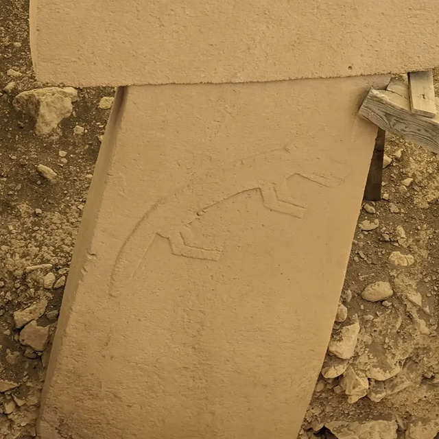 A detailed carving of a reptile-like figure on one of the T-shaped pillars at Göbeklitepe, underscoring the symbolic importance of animals in Neolithic rituals and beliefs.