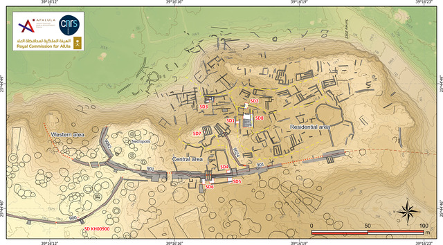 A detailed map of al-Natah illustrates the site’s architectural features, including surface structures (black lines), reconstructed layouts (grey lines), and the defensive rampart (dashed red line).