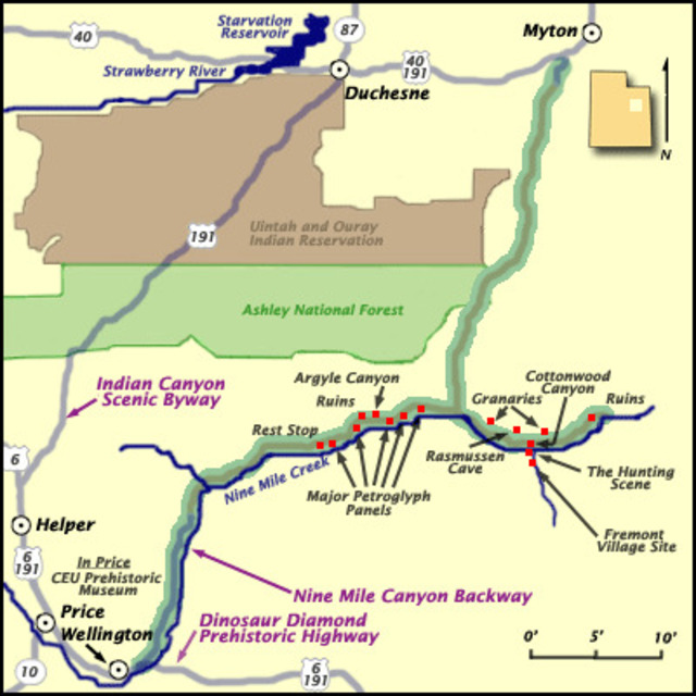 A detailed map showcasing the expansive area of Ninemile Canyon.