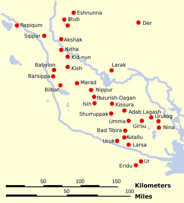 A detailed map showcasing the prominent ancient cities of Mesopotamia, highlighting Uruk's central role in history.