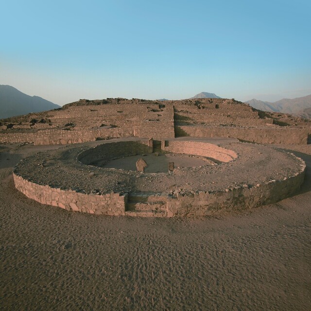 An expansive view of the main circular amphitheater in Caral, thought to have been used for communal gatherings.