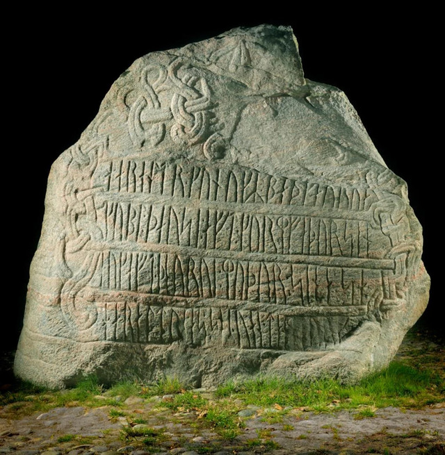 A detailed view of the Jelling Stone’s carvings, believed to commemorate King Harald Bluetooth’s conversion to Christianity.