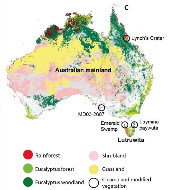 A glimpse of Australia's diverse vegetation, highlighting the two pivotal sediment core locations north of Tasmania that are reshaping history.