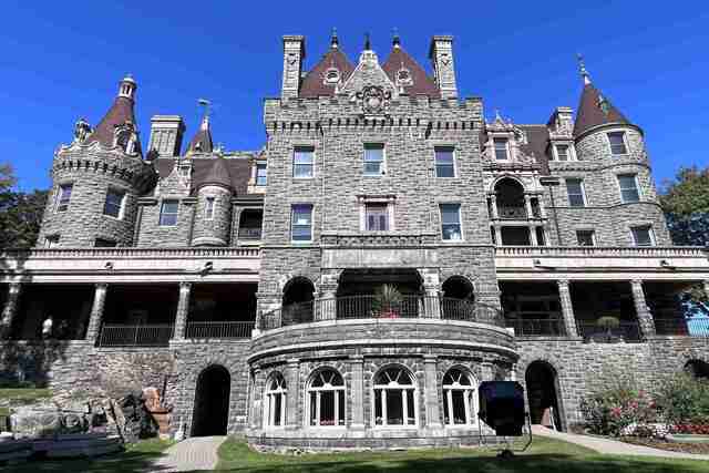 A grand view of Boldt Castle's majestic exterior, showcasing its exquisite architectural details and rich history on Heart Island.