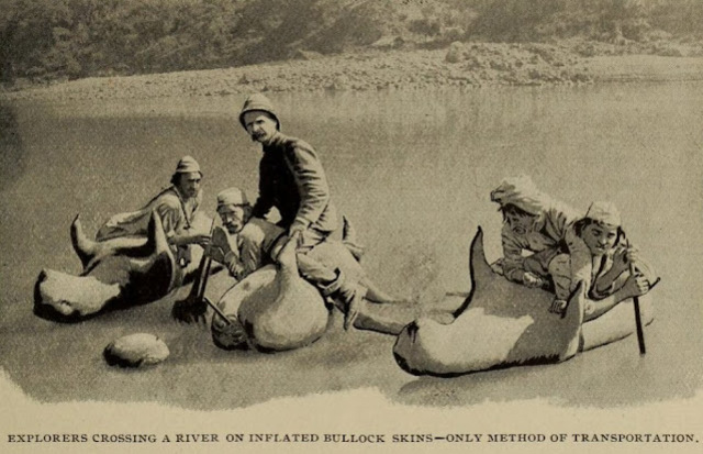 A historical depiction of explorers utilizing the innovative "drea" method for river transportation in colonial India.