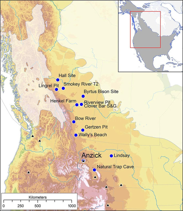 A map highlighting the Anzick site in Montana alongside other significant Clovis-era archaeological locations across North America.