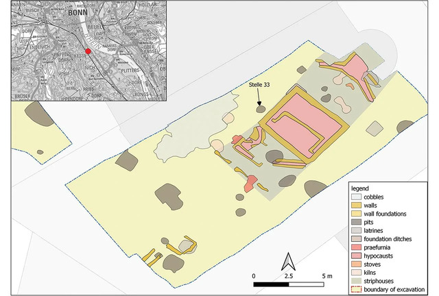 A map of the strip house where the Bonn mail hoard was discovered shows its location adjacent to one of the outer walls, shedding light on its historical context.