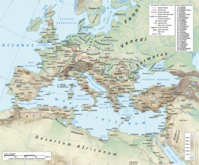 A map showcasing the vast Roman Empire during Hadrian’s reign (117–138 CE), highlighting the intricate web of major Roman roads.