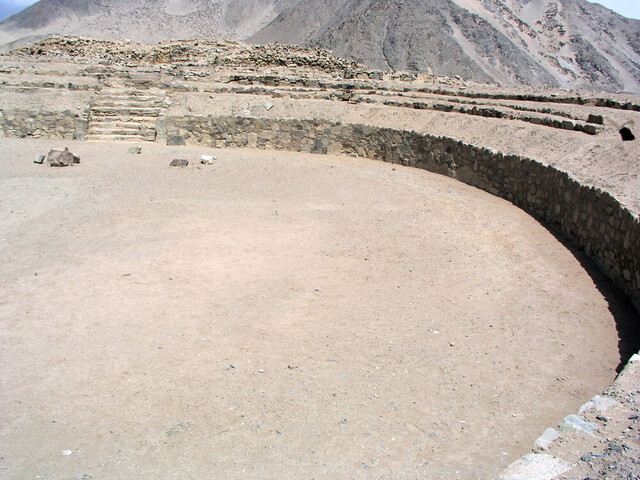 The circular plaza of Caral, where ceremonies and communal activities likely took place, showcasing its cultural significance.