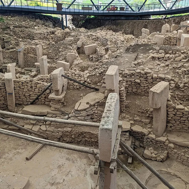 A panoramic view of the excavation area at Gobekli Tepe, featuring preserved stone pillars that demonstrate the organizational and construction skills of prehistoric humans.