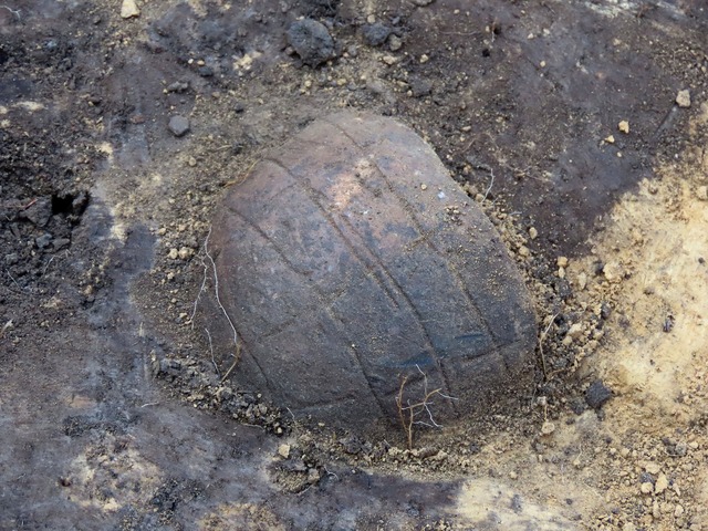 A partially buried ceramic pot, carefully excavated to preserve its intricate design.