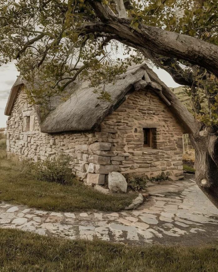 A picturesque view of the historic Old Leanach Cottage, nestled under a sprawling tree.