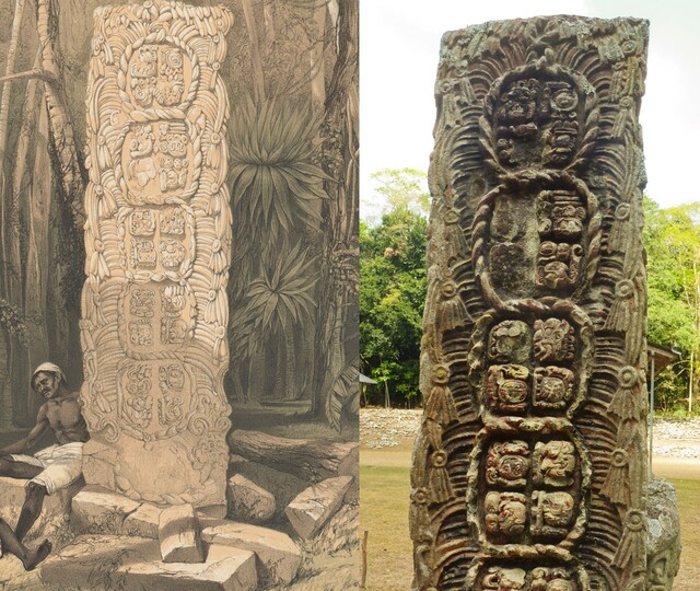 A rear view of the glyphs on Stela F, contrasting Catherwood’s 1844 illustration with a 2013 photograph.