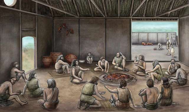 A reconstructed illustration depicts a gathering within a Cucuteni-Trypillia settlement, renowned for its remarkable social equality during its prime.