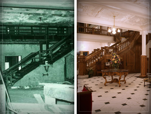 A remarkable comparison of Boldt Castle's interiors, revealing its transformation from abandoned ruins to a beautifully restored masterpiece.