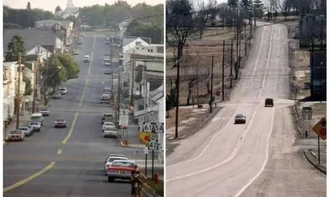 A side-by-side comparison of Centralia’s main street before and after the fire reveals the ghost town’s dramatic transformation.