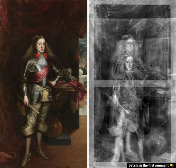 A side-by-side comparison of the final portrait of Charles II and the X-ray image revealing hidden sketches beneath.