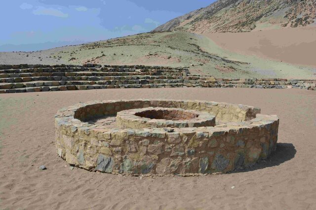 A smaller circular structure in Caral, believed to have played a role in ceremonial practices.