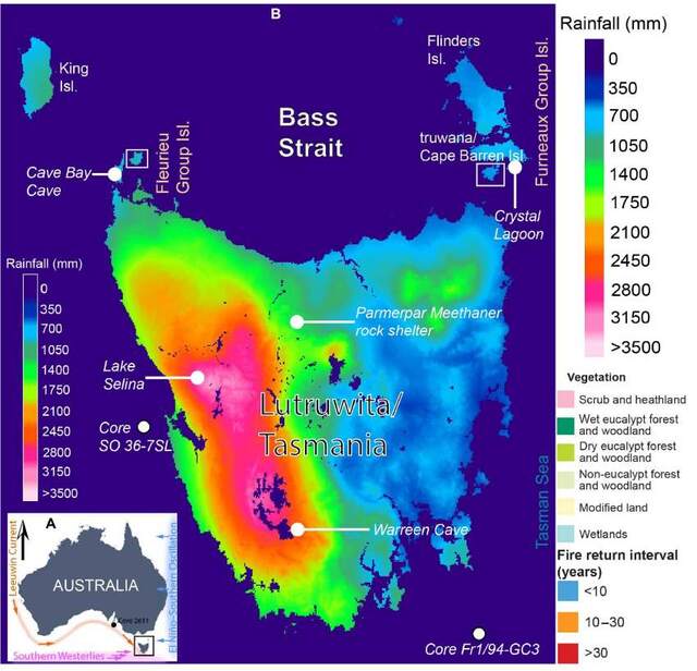 A striking comparison of Tasmania's climate and vegetation, with the lush, rain-soaked west contrasting starkly against the drier, more arid east.