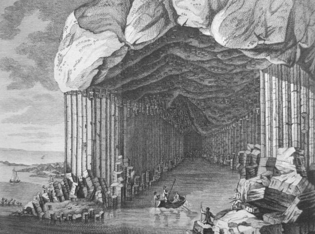 A stunning 1774 engraving of Fingal’s Cave, brought to life by the artistry of John Cleveley.