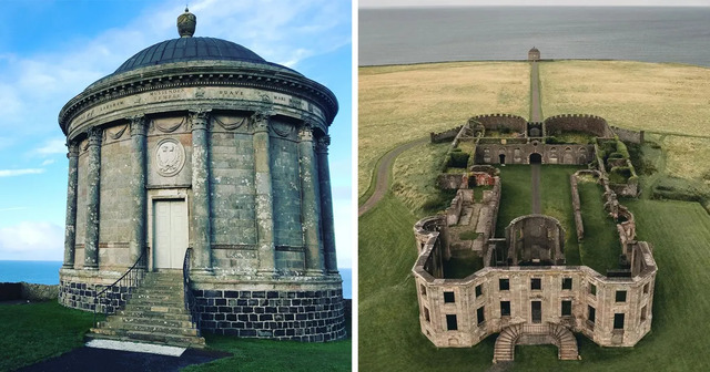 A stunning view of the Mussenden Temple standing proudly next to the Downhill House ruins in Northern Ireland.