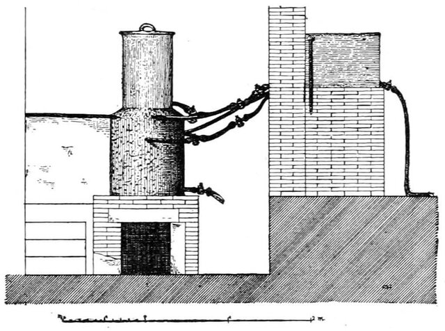 A technical diagram of the Roman boiler connections, demonstrating its intricate network of pipes, valves, and its placement within the bath complex.