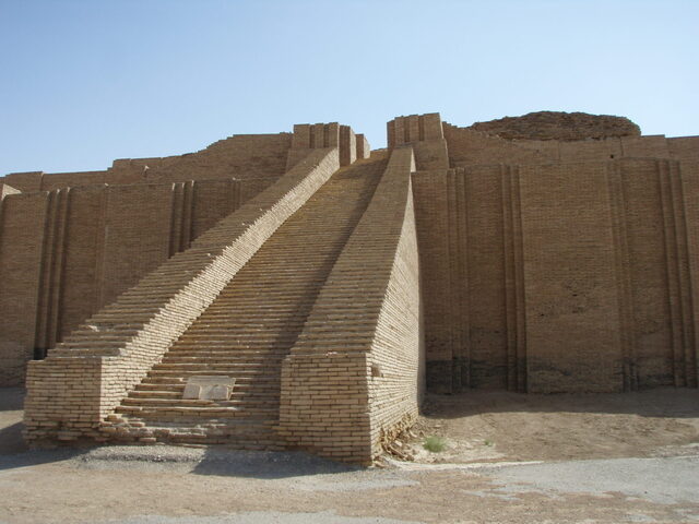 A testament to ancient craftsmanship, the Ziggurat of Ur, reconstructed with mud and baked brick, dates back to 2100 B.C.E. and resides at Tell el-Mukayyar, Iraq.