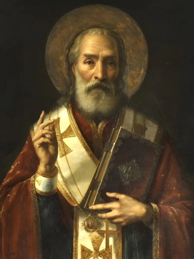 A traditional painting of Saint Nicholas, the 4th-century Greek bishop who inspired the legend of Santa Claus.