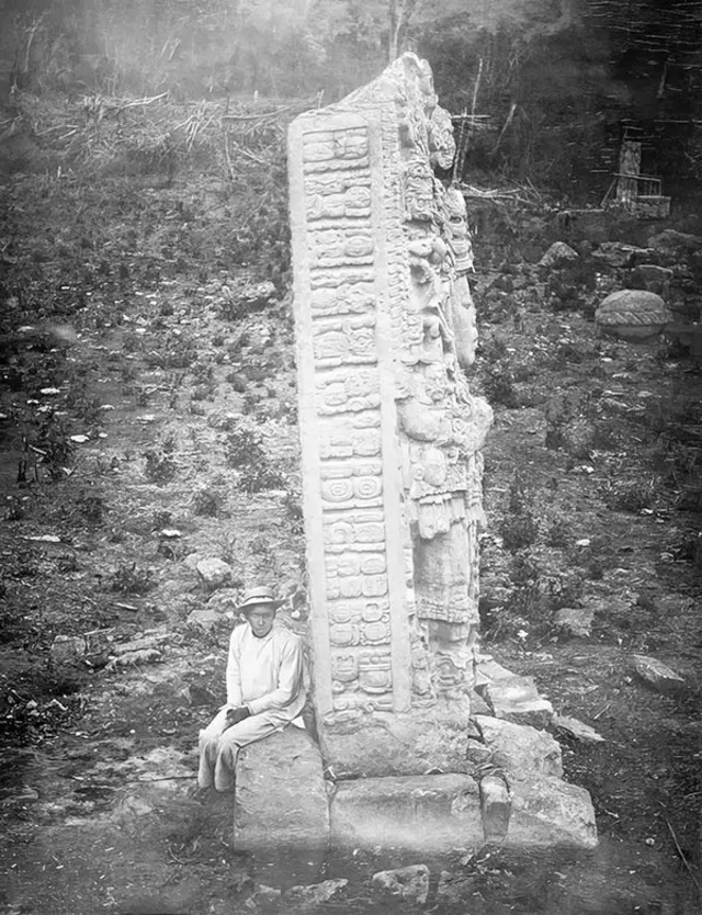 Stela A in Copán, showcasing its southern face, captured in 1885.