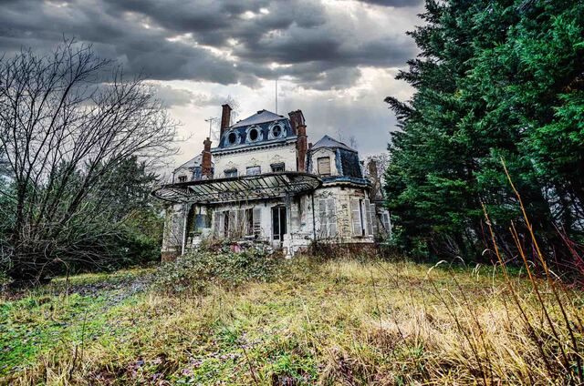 A wide shot capturing the eerie yet captivating ambiance of the overgrown chateau against a dramatic sky.