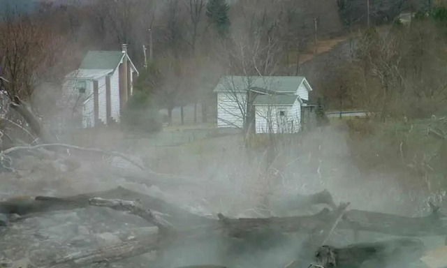 Abandoned homes shrouded in smoke from the smoldering coal fire, highlighting the eerie desolation of Centralia.