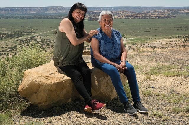 Acoma Pueblo tribal members Kim Charlie (left) and Bonnie Leno (right) collaborate with researchers investigating ancient mysteries in White Sands National Park.