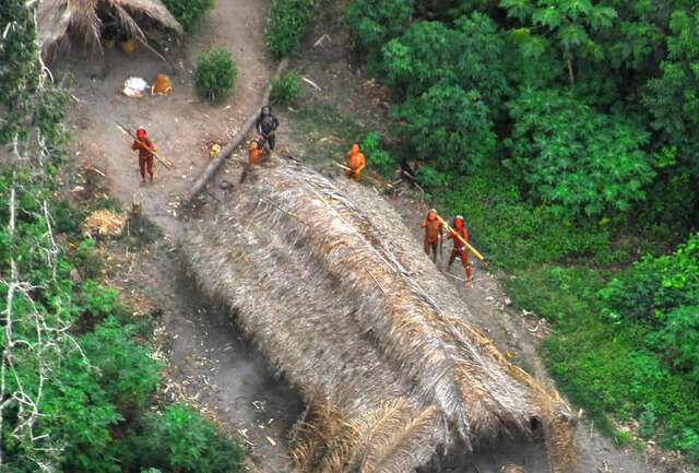 Aerial view of uncontacted Indigenous tribes in Brazil, captured during a Brazilian government expedition in May 2008.