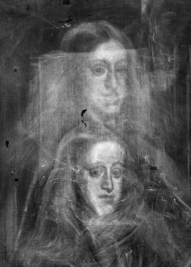 An X-ray close-up revealing the earlier rendition of Charles II’s face, buried under layers of paint.