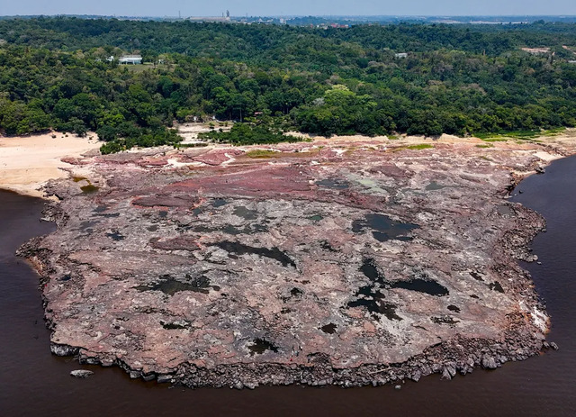 An aerial view of the Lajes archaeological site along the Rio Negro, where the river's water level reached its lowest point since records began in 1902.