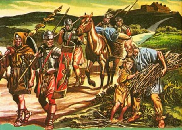 An artistic depiction of Roman soldiers patrolling or traveling along a Roman road, symbolizing the empire’s connectivity and control.